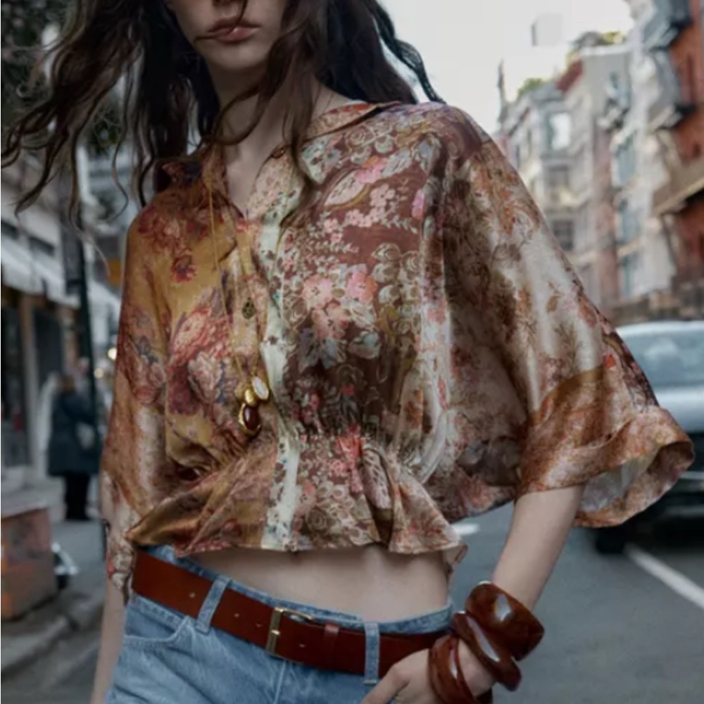 Zara Floral Satin Crop Blouse in Mustard and Pink - Picture 3 of 7
